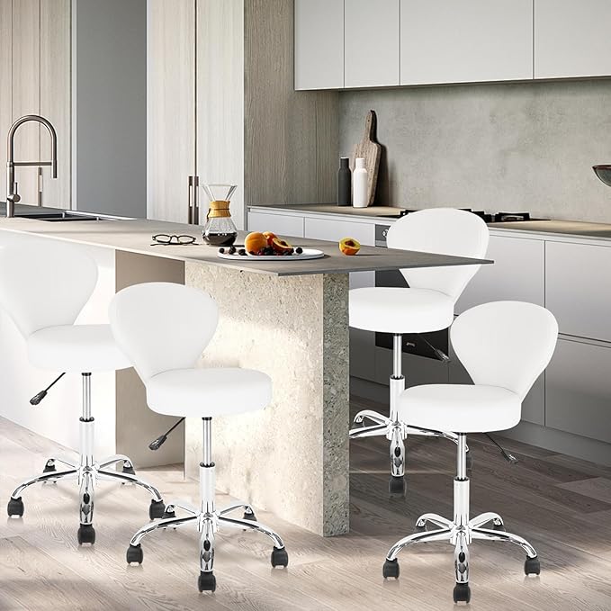 Leather Rolling Salon Stool with Back Support and Wheels Adjustable Height Swivel Spa Stools for Office Massage Facial Medical Drafting Tattoo Beauty Barber Lab Doctor Tattoo, White, 2 Pack