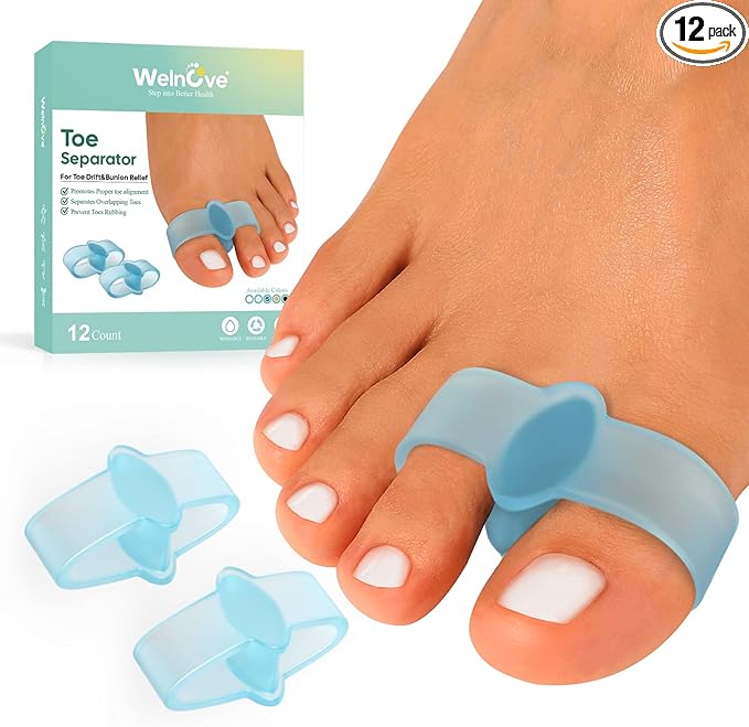 Welnove Pack of 12 Bunion Corrector, Toe Separators with 2 Loops, Big Toe Spacer Suitable for Bunion and Overlap Toe (Blue)