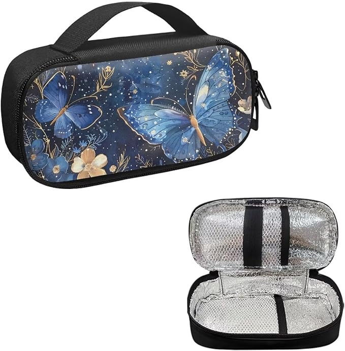 Blue Butterfly Diabetic Supplies Bag Insulin Cooler Case Insulated Diabetic Medication Organizer Carrying Protector with Handle for Insulin Pen, Test Strips, Lancets, Needles