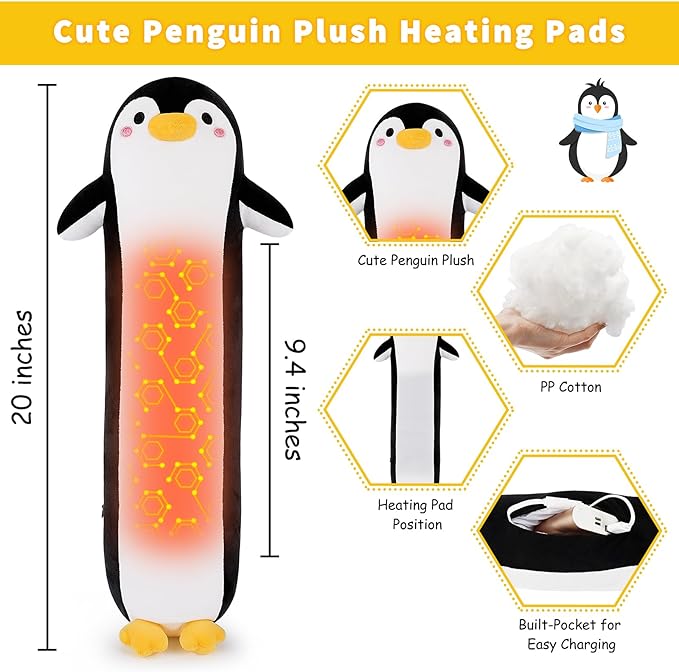 Penguin Heating Pad-USB Heated Plush Stuffed Animals for Period Cramps and Menstrual Pain Relief,20” Portable Electric Heating Pad,Built-Pocket Plushies for Women Girls Birthday Gifts