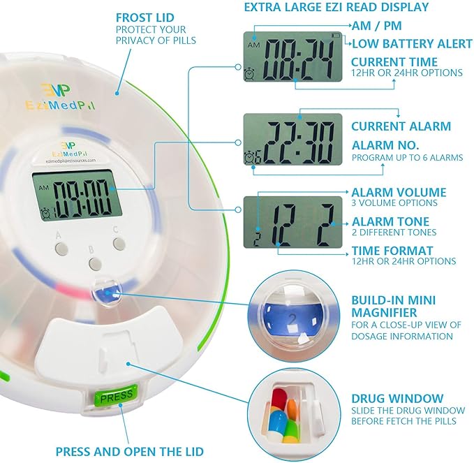 EziMedPil Automatic Pill Dispenser with Alarm, Sound & Light, up to 6 Alarms/Day, 6 Dosage Templates, Easy-Read Display, Frosted Lid & Locked 28-Day Medication Dispenser for Protecting Pills Privacy