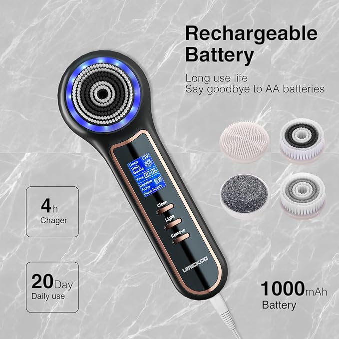 Electric Facial Cleansing Brush with LCD Screen, 3-in-1 Face Scrubber & Optional Blackhead Remover, Rechargeable, IPX7 Waterproof, Gentle Daily & Deep Cleaning for All Skin Types