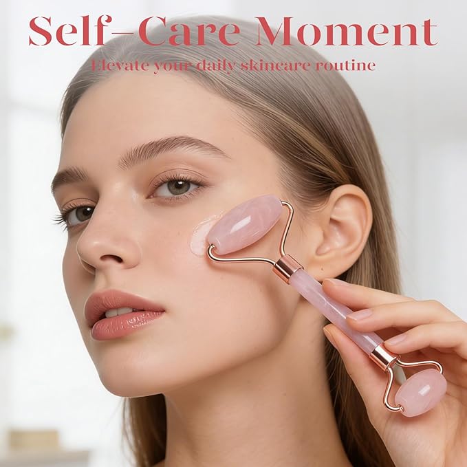 BAIMEI IcyMe Jade Roller & Gua Sha, Face Roller Redness Reducing Skin Care Tools, Self Care for Men Women, Massager for Face, Eyes, Neck, Relieve Fine Lines and Wrinkles - Rose Quartz