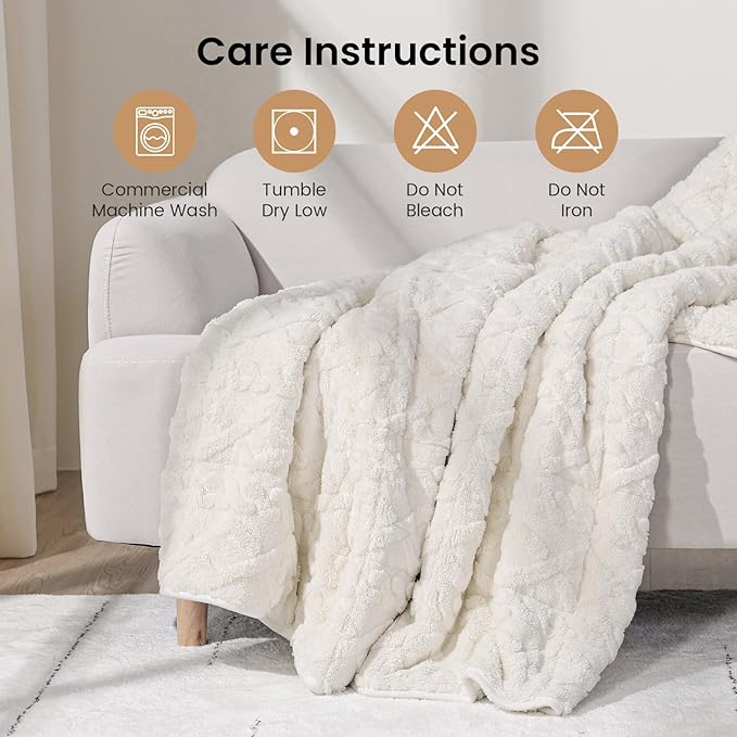 Drewin Weighted Blanket 15lbs Queen Size, Soft and Thick Jacquard Sherpa Heavy Blanket for Calming and Relax, Dual Sided Ultra Soft Fuzzy Throw Blanket with Ceramic Beads, 60 x 80 inches, Cream White