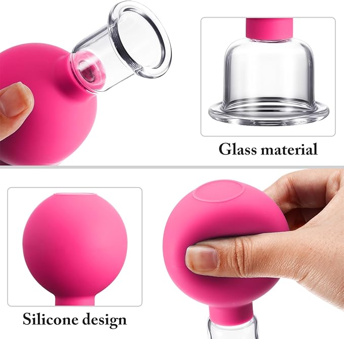 Nuanchu 2 Pieces Facial Cupping Set, Glass Cupping Cups Glass Silicone Cups Vacuum Suction for Face Skin Back Shoulder Muscle(1 Inch and 0.4 Inch Diameter,Rose Red)