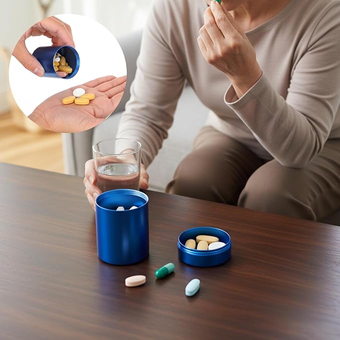 Portable Round Metal Pill Case, Aluminum Alloy Pill Holder, Waterproof Medicine Organizer for Travel, Outdoor, Vitamins, Fish Oils, Blue