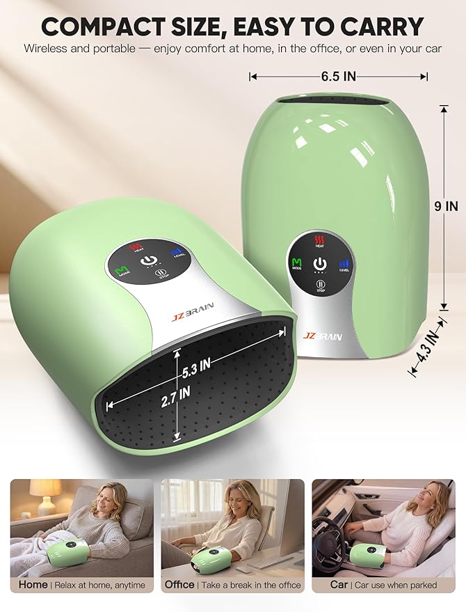 Hand Massager with Heat and Compression : Cordless Heated Hand and Wrist Massager for Palm, Fingers, and Comfort Relief – 4 Modes 6 Intensities, Portable Rechargeable, Wife Husband (Green)