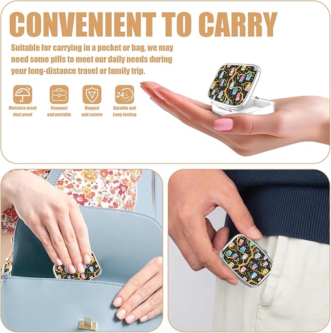Pill Box-2 Compartment Small Pill Case Square Organizer Case with Mirror Portable Metal Medicine Box Travel Container for Pocket & Purse Women Men(Owl)