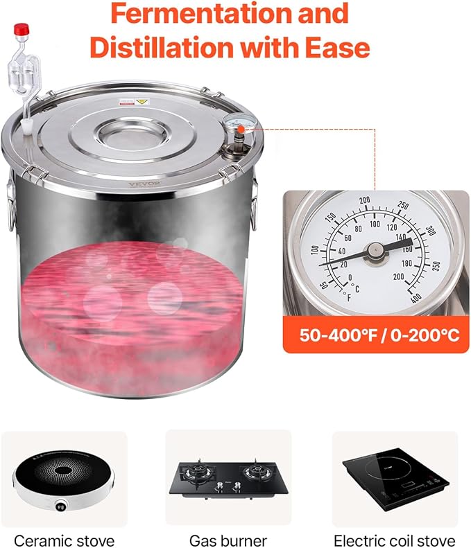 VEVOR Alcohol Still, 5 Gal / 19 L Stainless Steel Water Alcohol Distiller with Copper Coil, Home Brewing Refining Fermentation Kit with Thermometer, for Wine Whisky Brandy, Silver