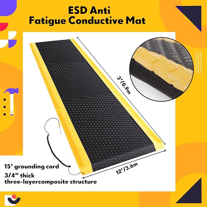 1 Pcs 3'x12' Anti Fatigue Mat Industrial, ESD Conductive Pad with Ground Wire, Heavy Duty Ergonomic Standing Floor Mat for Commercial Work, Shop Stand, Thick 3/4" Black with Yellow Border