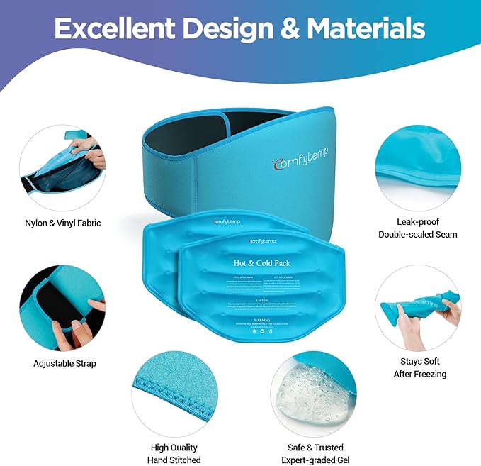 Comfytemp Extra Large Ice Pack for Back Pain Relief, 2 Pcs, Sciatica Ease Brace, Reusable Gel Lower Back Ice Wrap for Injury, Hot Cold Compress for Lower Lumbar, Waist, Men Women After Surgery (Blue)
