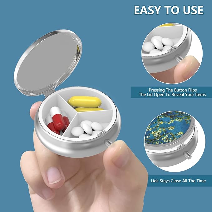 Pill Box 3 Compartment Small Pill Case,Portable for Pocket or Purse Pill Organizer Pill Container Holder to Hold Vitamins, Medication, Fish Oil and Supplements(Sun and Moon)