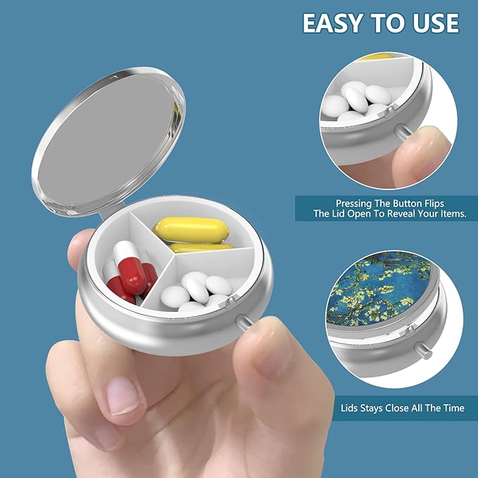 Pill Box 3 Compartment Small Pill Case,Portable for Pocket or Purse Pill Organizer Pill Container Holder to Hold Vitamins, Medication, Fish Oil and Supplements(Sun and Moon)