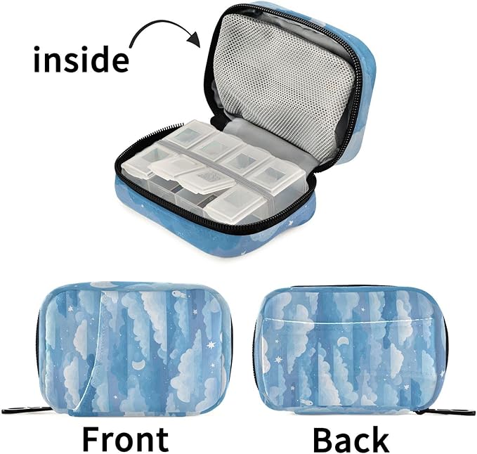 Blue Gradient Cloud and Stars Travel Pill Organizer Case Box Container Weekly Portable Vitamin Medicine Holder Storage Bag with Zipper Removable