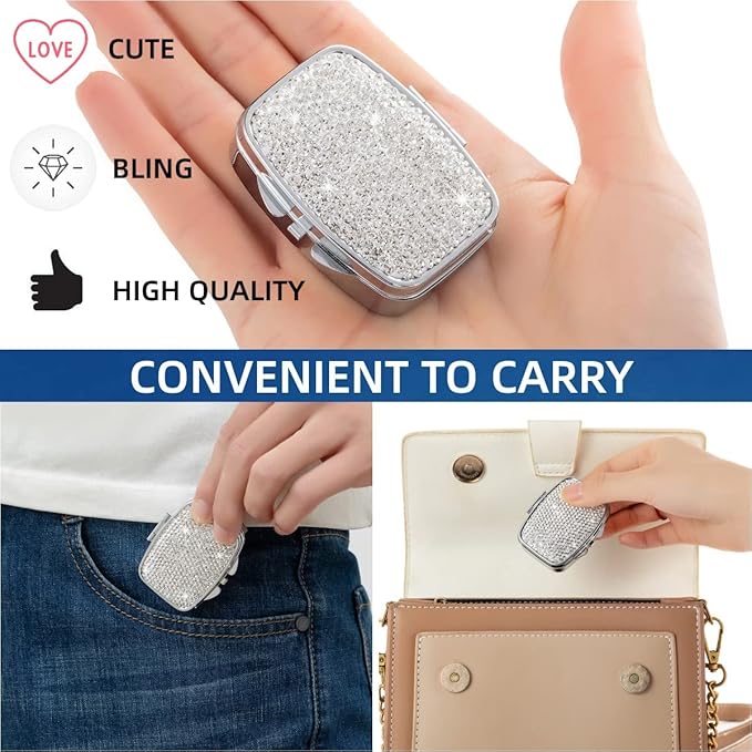 Pocket Pharmacy Bling 2 Compartment Medicine Organizer Small Cute Pill Container Travel Pill Box Case for Purse Square Vitamin Holder for Pocket(Silver)