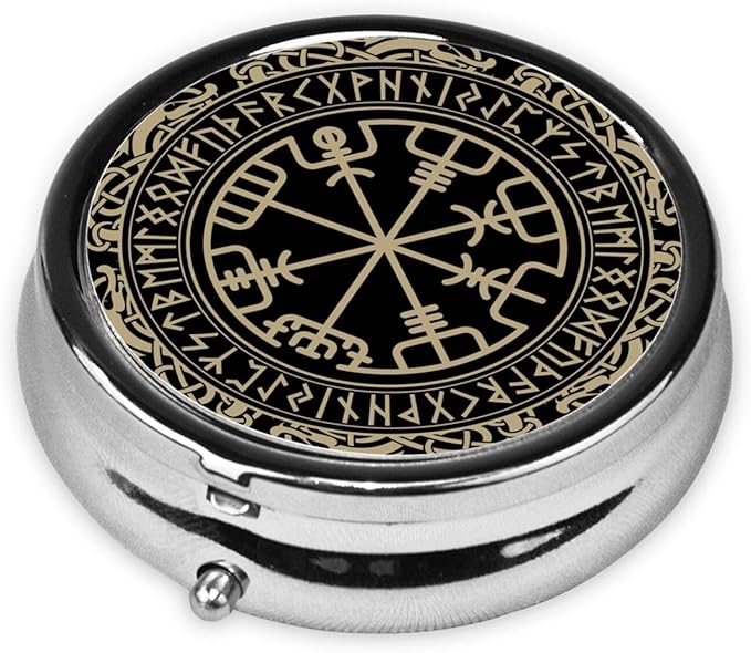 Black Celtic Viking Design Magical Runic Compass Vegvisir in The Circle of Norse Runes and Dragons Tattoo Decorative Round Silver Pill Box Pocket Medicine Tablet Holder Organizer Case for Purse