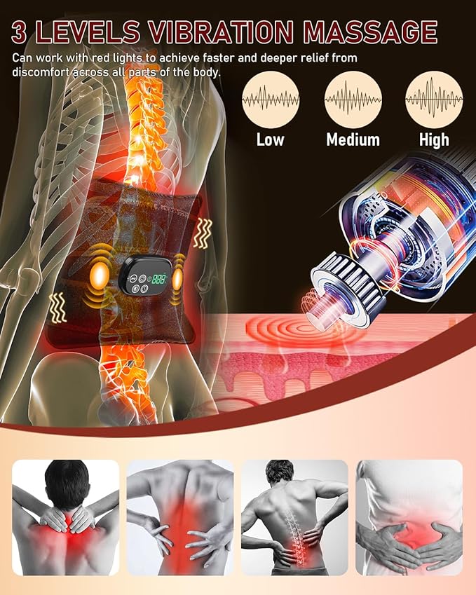 Red Light Therapy for Body Massager Belt with Vibration Massage, Cordless Infrared Light Therapy with 2 Long Wraps, Red Light Therapy Belt Wrap for Back Shoulder (Black)