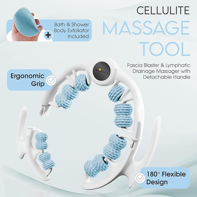 Cellulite Massage Roller, Fascia Blaster, Lymphatic Drainage Massager, Relieve Muscle Soreness, Body Sculpting Tool with Detachable Handles for Thighs, Legs, Buttocks, Gift Exfoliating Brush (Blue)