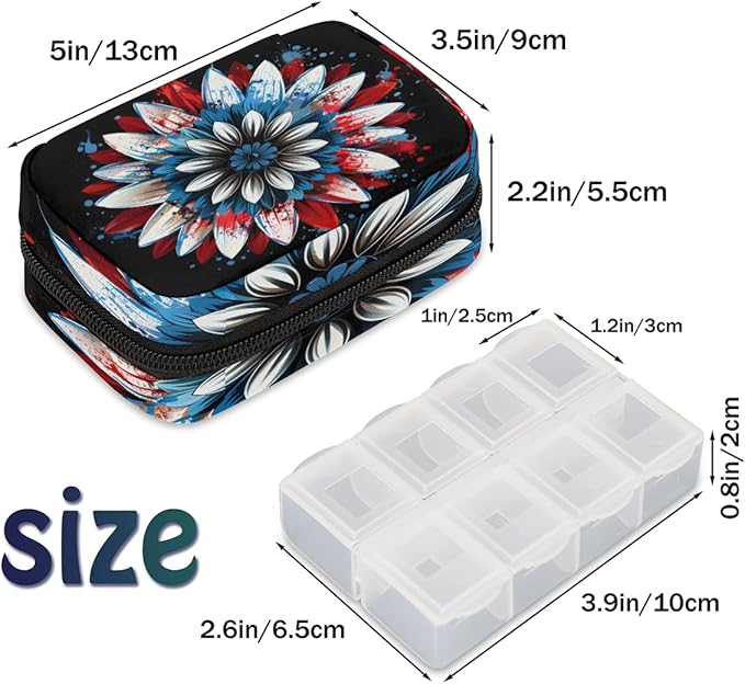 American Flag Daisy Travel Pill Organizer Box Weekly Portable Pill Case Daily Pills 7 Day Small Birth Control Pills Container Removable Compartments for Medicine Vitamins Fish Oil