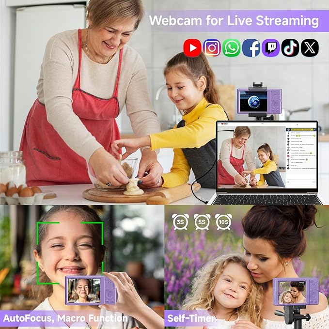 Digital Camera, FHD 4K Digital Camera for Kids Purple with 64GB SD Card 16X Digital Zoom, Cameras for Photography Compact Point and Shoot Camera for Teen Boys Girls Kids Autofocus Camera Digital