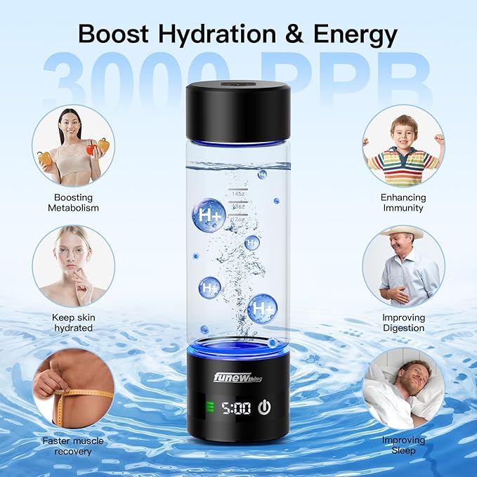 Hydrogen Water Bottle with LED Display, 3000ppb Portable Water Ionizer Machine with SPE/PEM Technology in 5-Minute Electrolysis, Rechargeable Hydrogen Rich Glass Cup for Home Office Travel & Fitness