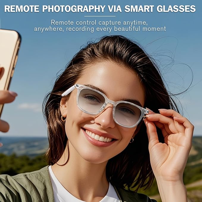 Bluetooth Glasses, Photochromic Lenses, Open-Ear Speakers, Touch Control, Hands-Free Calls & Music, Smart Glasses for Outdoor Activities, Walk, Travel,Work (Transparent Blue Frame)