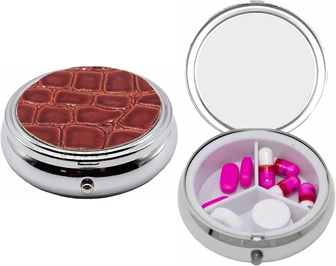 Set of 2 Circular Triple-Compartment Pocket Purse Pill Box & Organizer with Insert (Red Faux Leather)