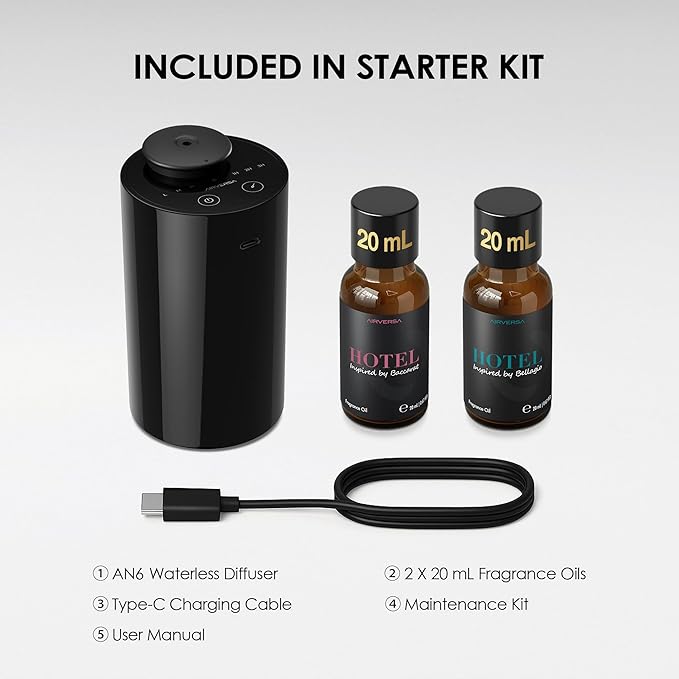Airversa Waterless Essential Oil Diffuser Starter Kit with 2x20mL Hotel Fragrance Oils for Car Home Office, Cordless Battery Operated Scent Air Freshener Diffuser, Mist & Timers, AN6Kit-B Black