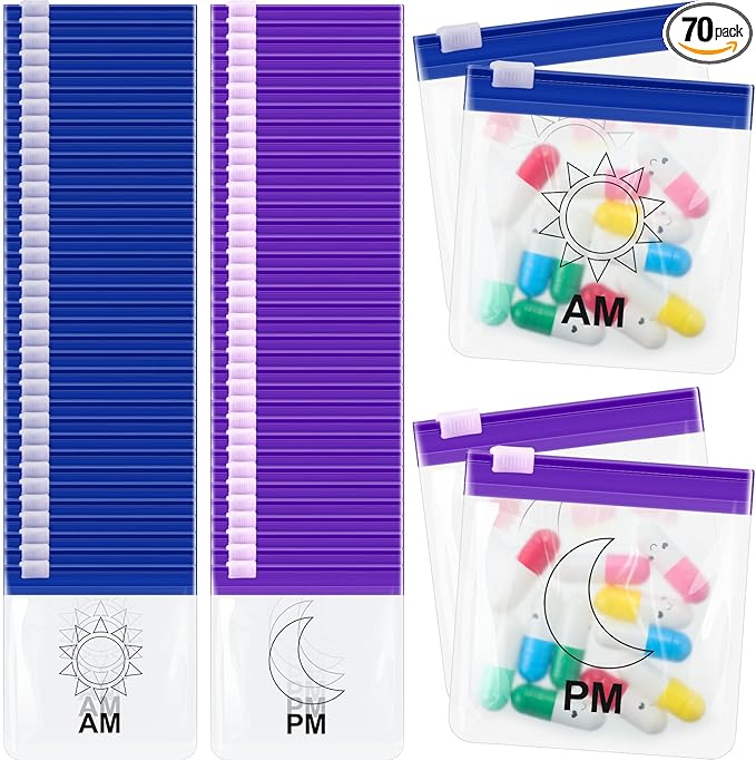 70 Pcs Pill Pouch Bags Zippered Reusable Medicine Pouches Travel Plastic Pill Bags Self Sealing Medicine Organizer with Slide Lock for Medication, Vitamins, Jewelry, Daily Small Items(Moon and Sun)