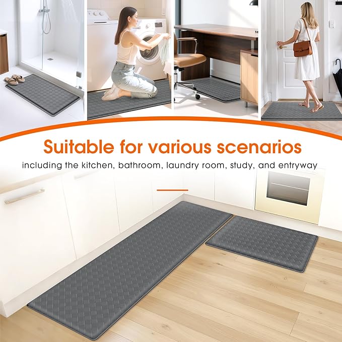Kitchen Mats, 2PCS Kitchen Rugs, Cushioned Anti Fatigue Kitchen Mats for Floor, Non-Slip Standing Desk Mat, Waterproof Kitchen Rug Set for Kitchen Floor Office,17.3"×30"+17.3"×59" Grey