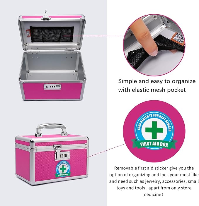 Combination Locking Medication Box with Portable Storage Case, 10.2''x 6.8''x 6.8'', Childproof Medicine Lock Organizer, Lockable Box for Documents & Valuables (Pink/Small)