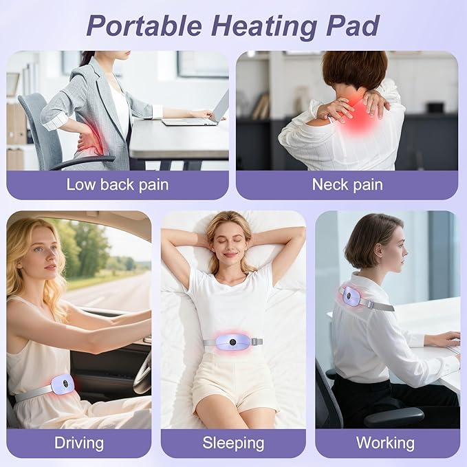 Portable Heating Pad, 5s Fast Heating, 3 Heat Levels and 3 Massage Modes, Heating Pad for Period Cramps for Women and Girls(Light Purple)