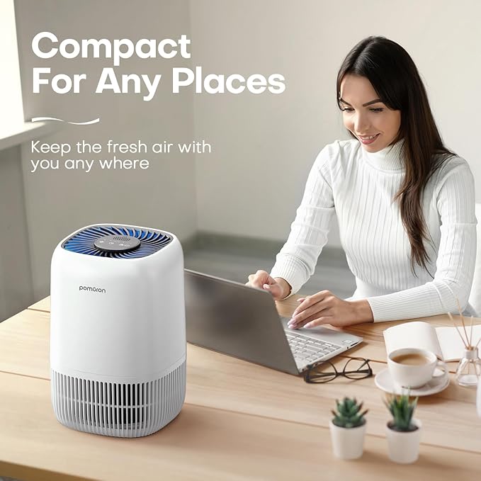 POMORON Air Purifiers for Bedroom Home, Air Filter Cleaner with Fragrance Sponge, H13 True HEPA Filter for Smoke, Allergies, Pollen, Pet Dander, Odor, Dust, Portable Air Purifier for Bedroom Office