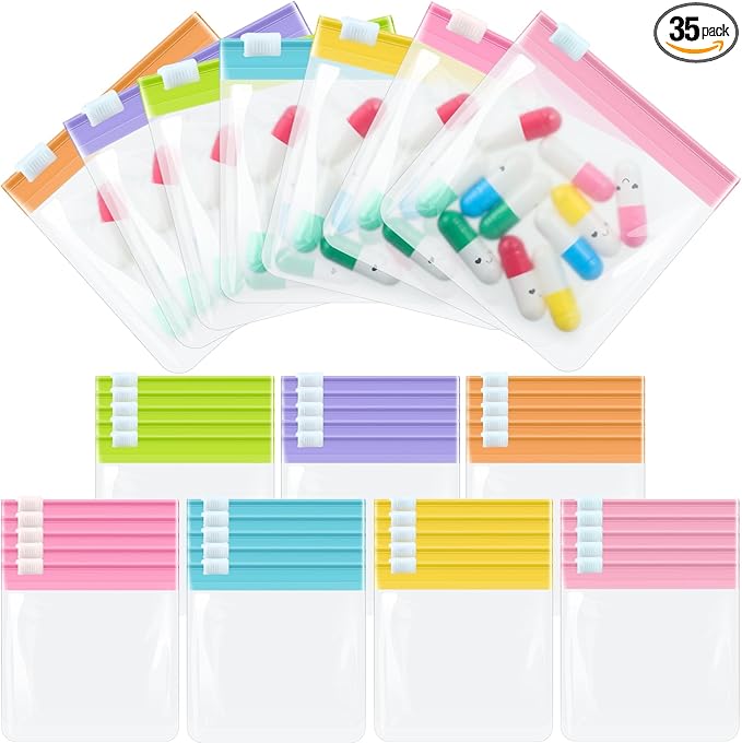 Sherr 35 Pcs Pill Pouch Zippered Pill Pouch Set Reusable Translucent Medicine Organizer Self Sealing Medicine Organizer Travel Plastic Bags with Slide Lock for Storage(Sweet, Macarons Color)