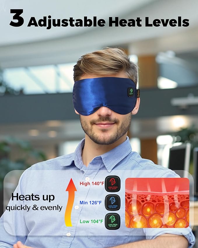 BeeVines Cordless Heated Eye Mask for Dry Eyes, Washable Heat Eye Masks for Blepharitis, Warm Eye Compress for Men & Women, 1500mAh Rechargeable Eye Warmer with Travel Pouch(Blue)