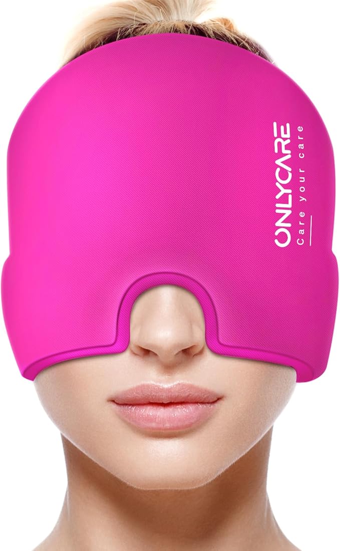 ONLYCARE Migraine Relief Cap, Soothing Migraine Mask, Upgraded Odorless Gel Ice Head Wrap, Hot and Cold Therapy, Headache Ice Pack for Tension, Stress, Hangover (Bright Pink)