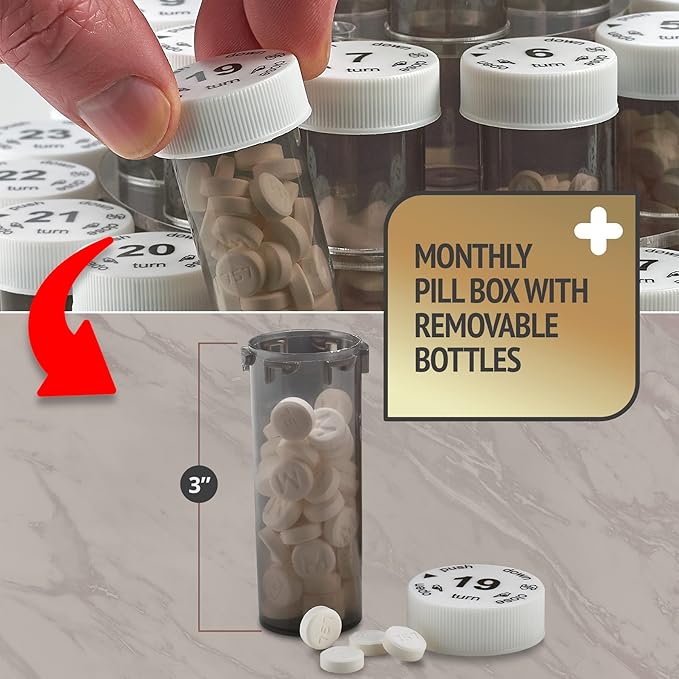 Monthly Pill Bottle Organizer Caddy - 31 Numbered Full-Size Pill Bottles w Child-Proof Lids for Each Day of The Month- Clear Rack and Easy to Use for Daily Dose of Medication Vitamins and Supplements
