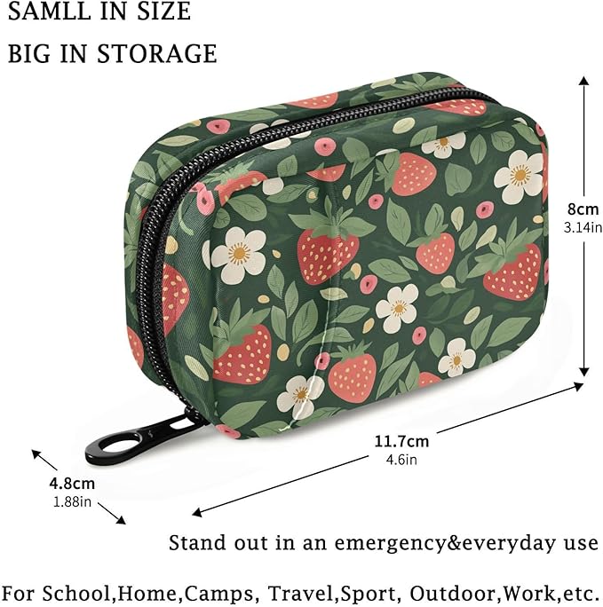 Fustylead Hand Draw Cute Strawberry and Floral Pill Organizer for Purse, Weekly Portable Pill Box with Zipper to Storage Vitamins Fish Oils Medications Supplements