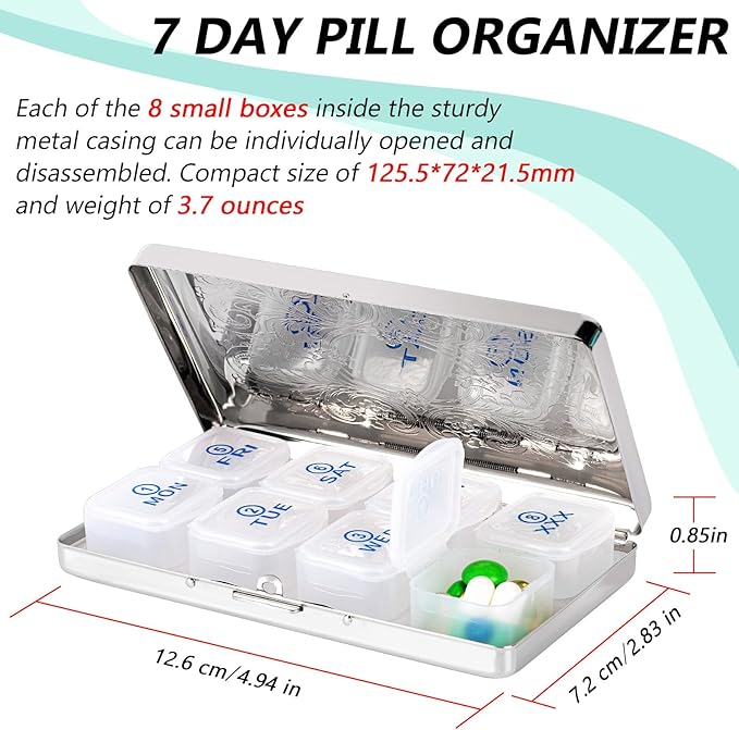 Pill Organizer 7 Days 8 Compartments, Travel Metal Pill Box, BPA-Free Portable Pill Box (Pattern Silver, Large)
