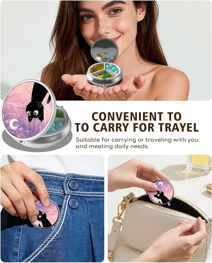 LRITER Pill Case, Portable Travel Pill Box, Pillbox Organizer, Cute Small Medicine Storage Container, Purse Accessories for Women, Men (Pink Starry Sky Cat)