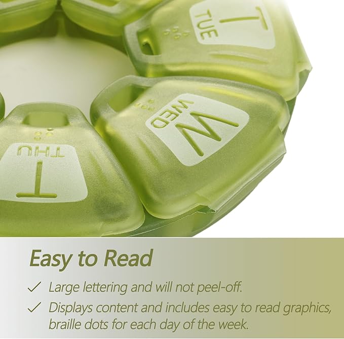 Round Weekly Pill Organizer, Soft-Touch Silicone, Travel Pill Container 7 Day, with 7 Large Compartments, Great for Daily Vitamins & Supplements, Cute Pill Case with Large Letters and Braille (Olive)
