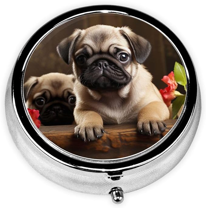 Puppys Pug Print Pill Box 3 Compartment Small Pill Case Portable Pill Box for Pocket Or Purse Cute Medicine Organizer Holder to Hold Vitamins Medication