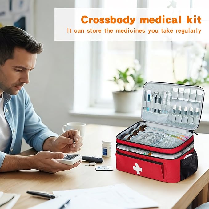 Boczif First Aid Kit, First Aid Storage Carry Bag, Pill Bottle Organizer for Emergency Trauma Medical Kits Supplies Waterproof, Ideal for Home, Travel, Outdoor, Camping (Red with shoulder strap)
