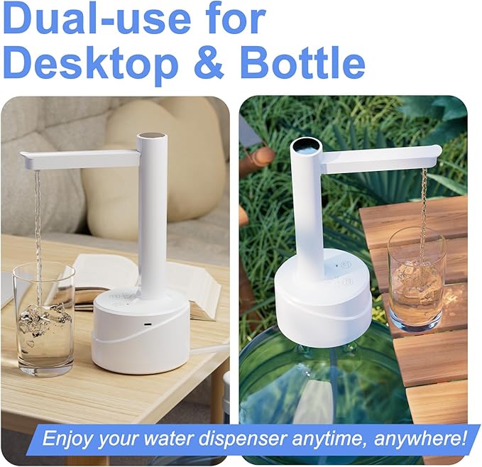 5 Gallon Dual-use Desktop Electric Water Bottle Dispenser, USB Type-C Charging Automatic Countertop Drinking Water Bottle Pump for 2-5 Gallon, Smart Water Jug Dispenser for Camping(White)