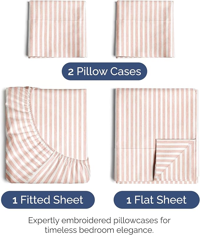 CGK Unlimited Full Size 4 Piece Sheet Set - Extra Soft, Breathable & Cooling - Hotel Luxury Durable Bed Sheets for Women & Men - Deep Pockets, Easy-Fit & Wrinkle-Free - Blush Stripes Oeko-Tex