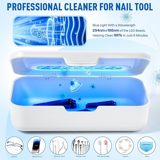 Nail Tool Sterilizer Box - Portable Recharging Nail Tool Cleaner Box Container Plastic Sterilizer Machine for Nail Tools,Tweezers,Hair Salon,Tattoo,Jewelry, Phone (White)