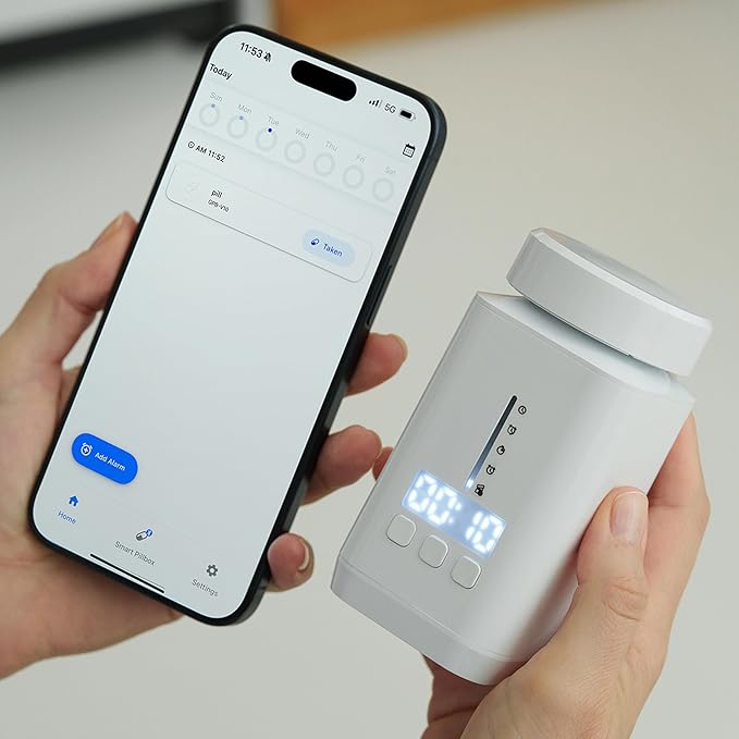 DEFI AI Smart Pill Bottle, Pill Organizer, Portable, Bluetooth, Easy to use, selfcare, with Alarm, Sound & Light, Daily, Compact Medicine Holder for Vitamins, Supplements, Free Reminder app.