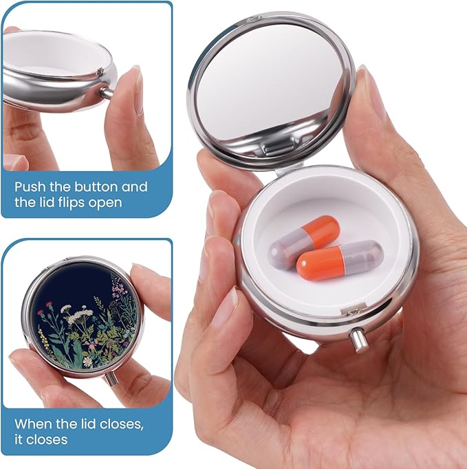 Mini Pill Box, Small Pill Box, Cute Pill Organizer for Vitamins, Medications, Fish Oil and Supplements (Black Flowers)