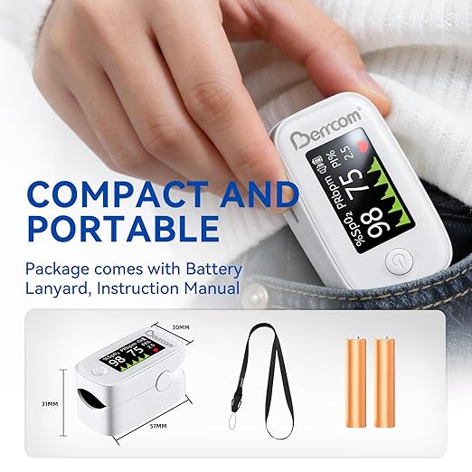 Berrcom Fingertip Pulse Oximeter with LED Display & Multi-Parameter Tracking (SpO2, PR, PI), Fast & Accurate Blood Oxygen Monitor, Includes Batteries & Lanyard (White)