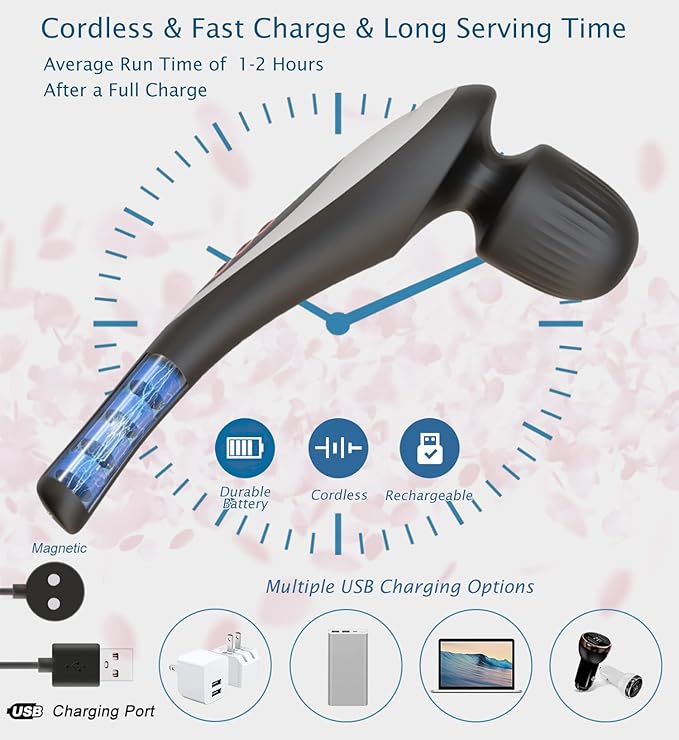 Personal Handheld Vibrating Massager-Cordless Electric Handheld Muscle Deep Tissue Neck Back Shoulder Foot, Portable Seven Wand Massage for Full Body (Black)